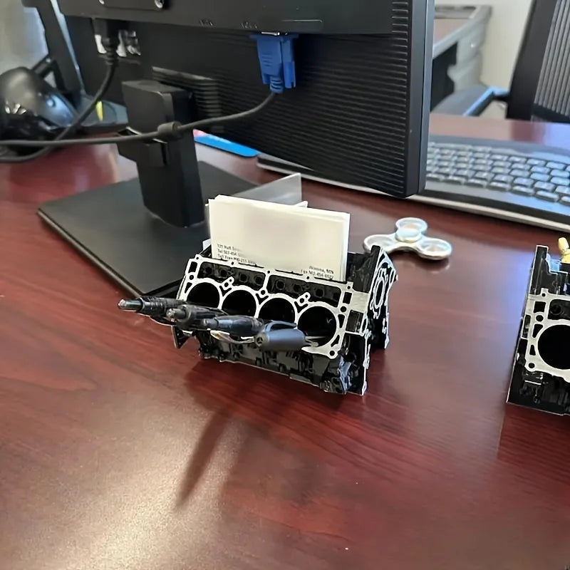 Engine Block Desk Organizer - Business Card & Pen Holder