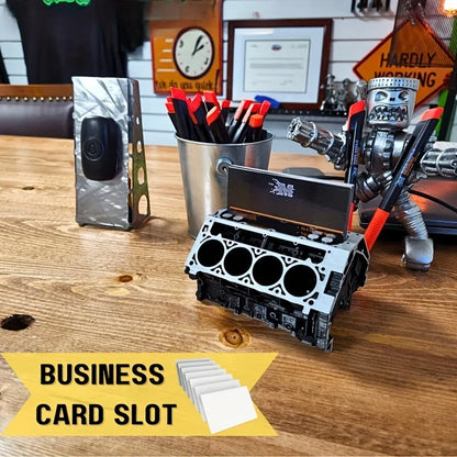 Engine Block Desk Organizer - Business Card & Pen Holder