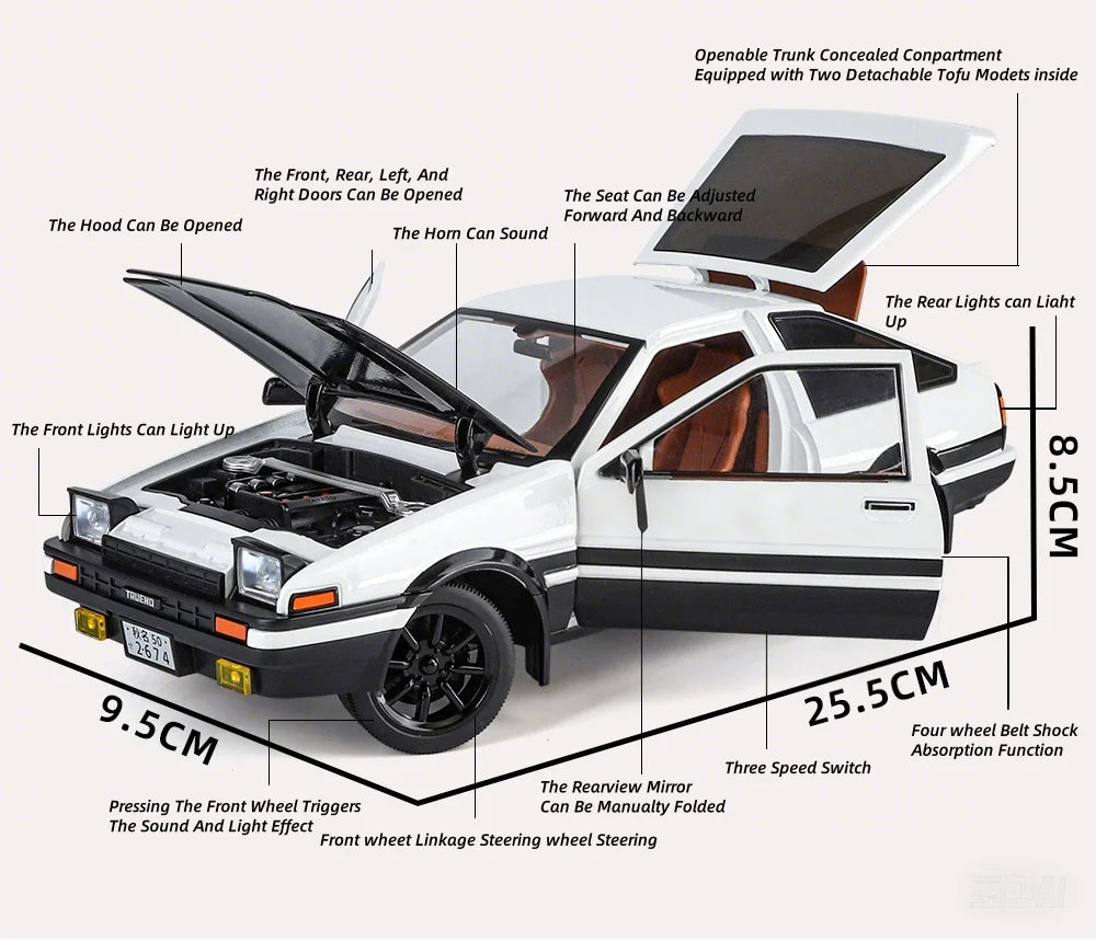 Model car with features highlighted and dimensions shown
