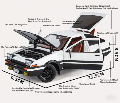 Model car with features highlighted and dimensions shown