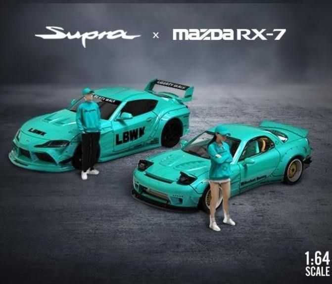 1:64 Pandem / Rocket Bunny Mazda RX-7 / LBWK Toyota Supra model car - Tiffany Blue - JDM Global Warehouse