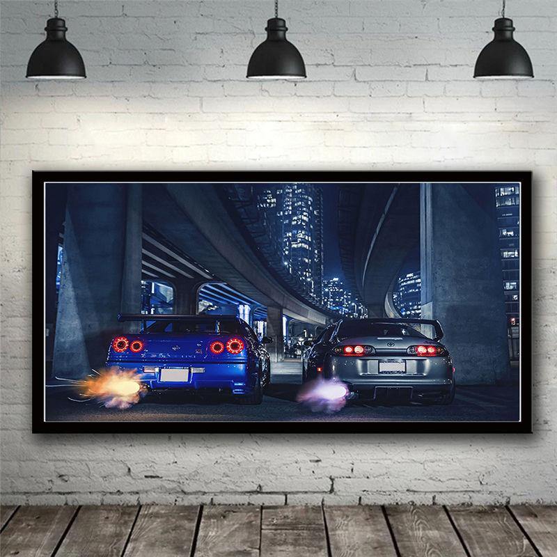 Nissan Skyline R34 GTR vs Toyota Supra canvas wall art - single panel - JDM Global Warehouse