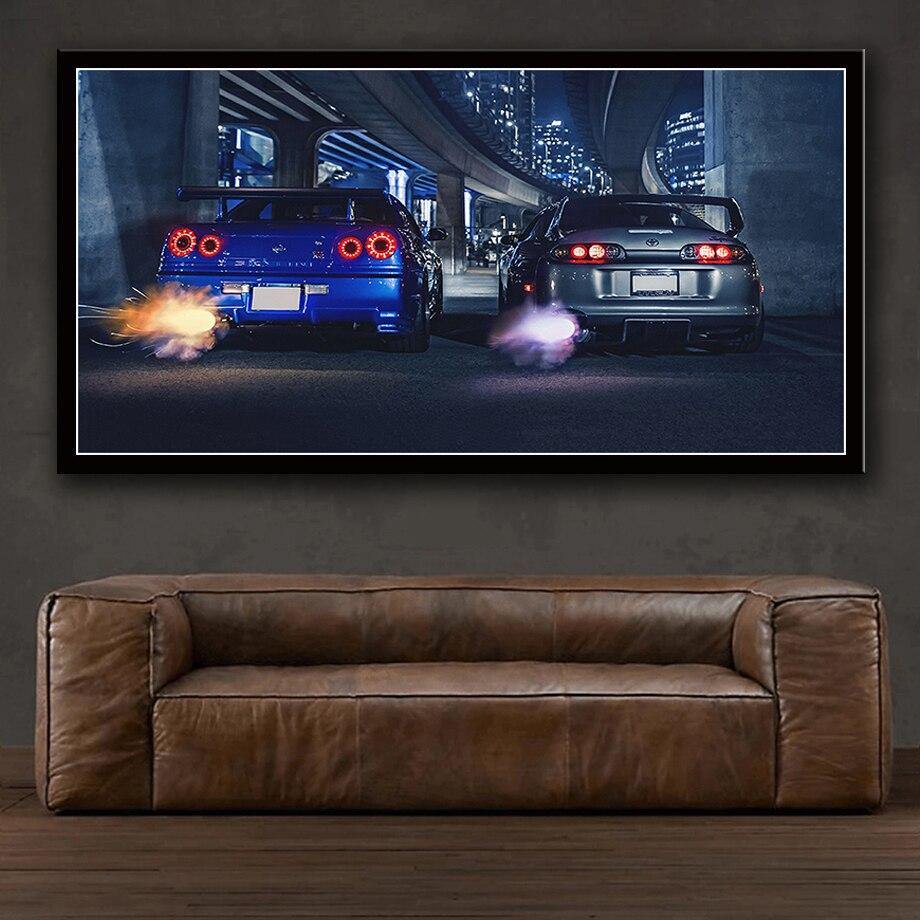 Nissan Skyline R34 GTR vs Toyota Supra canvas wall art - single panel - JDM Global Warehouse