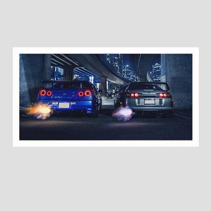 Nissan Skyline R34 GTR vs Toyota Supra canvas wall art - single panel - JDM Global Warehouse