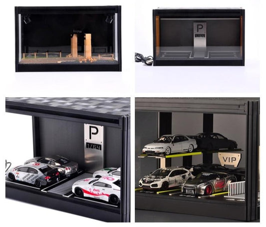1:64 Scale Model Car Display Cabinet, Rally / Circuit / Carport, USB lighting - JDM Global Warehouse