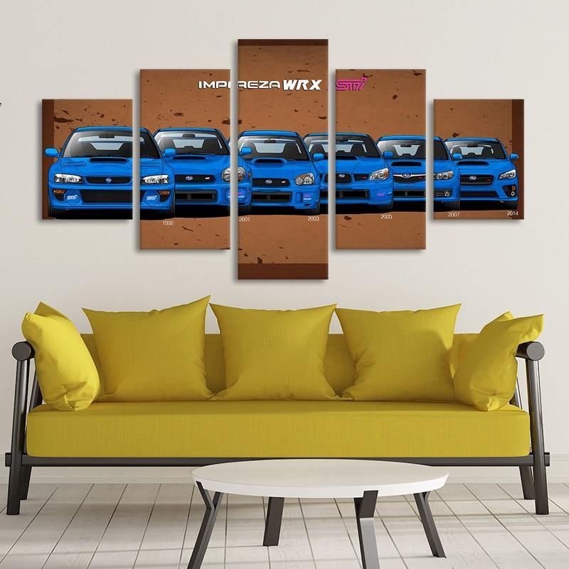 5 Piece Subaru WRX STI canvas wall art - brown background - JDM Global Warehouse